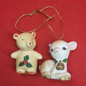 Homco Bear Fawn Christmas Ornament Set of 2